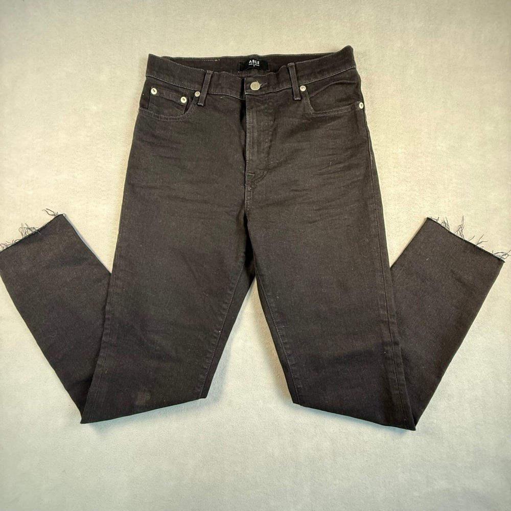 ABLE High Rise Raw Hem Stretch Denim Jeans Black Size 28